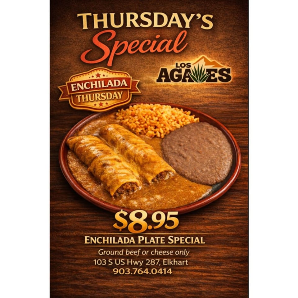 Los Agaves' Thursday Special: two enchiladas with rice and refried beans on a plate.