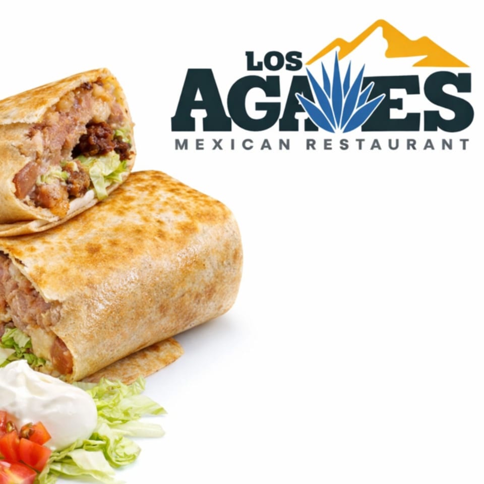 Two burritos, one cut open, revealing meat, beans, and lettuce, with Los Agaves logo.