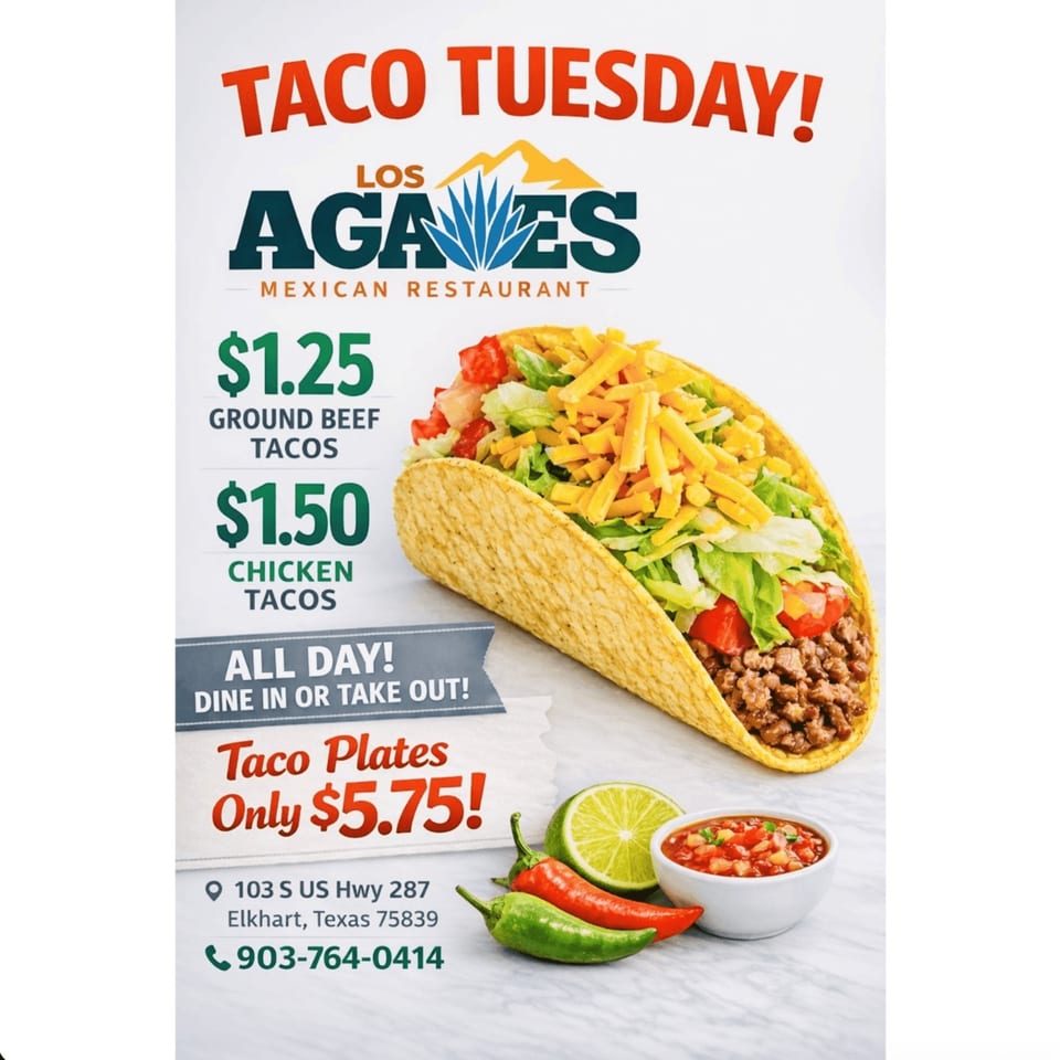 Los Agaves Mexican Restaurant's Taco Tuesday ad with a beef taco, salsa, lime, and peppers.