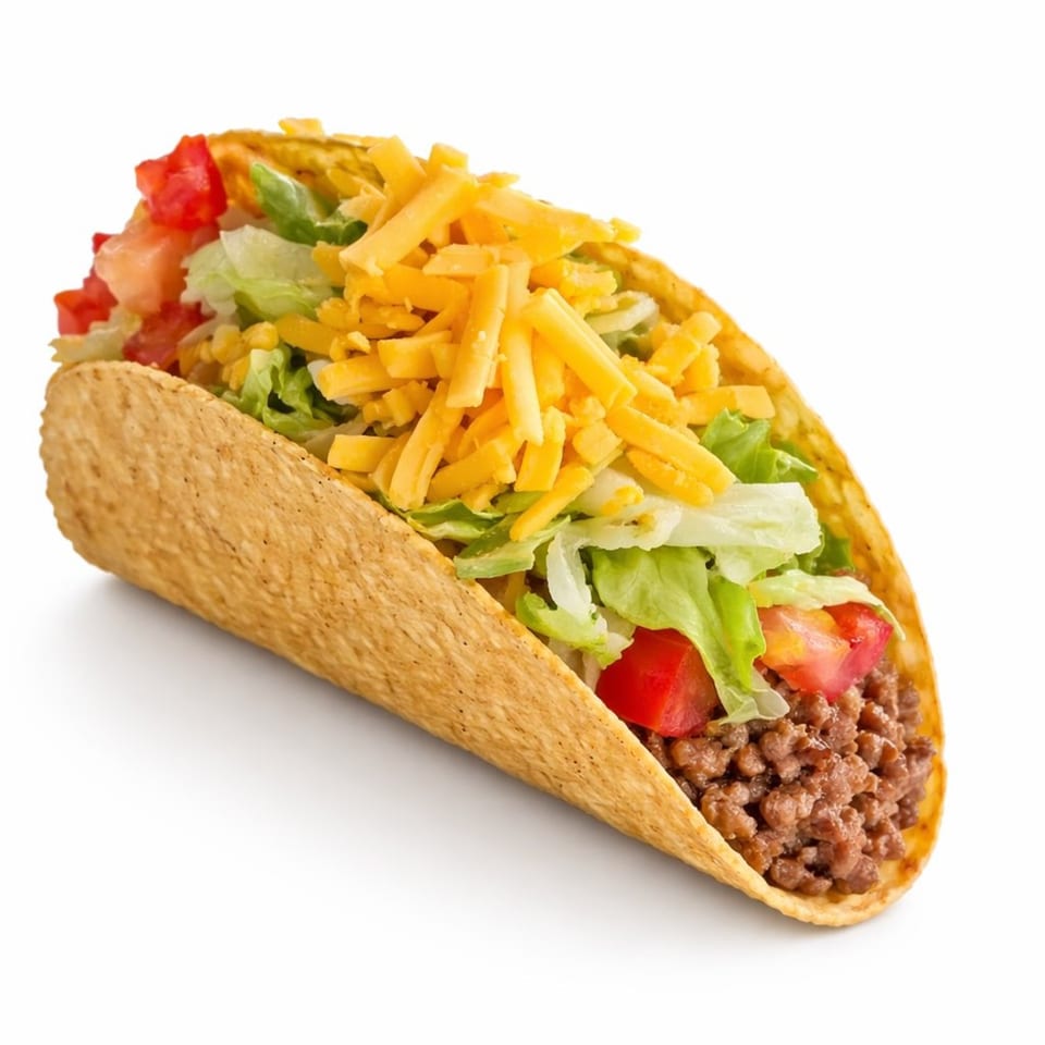 A single hard-shell taco from Los Agaves, filled with seasoned ground beef, shredded lettuce, diced tomatoes, and cheddar cheese.