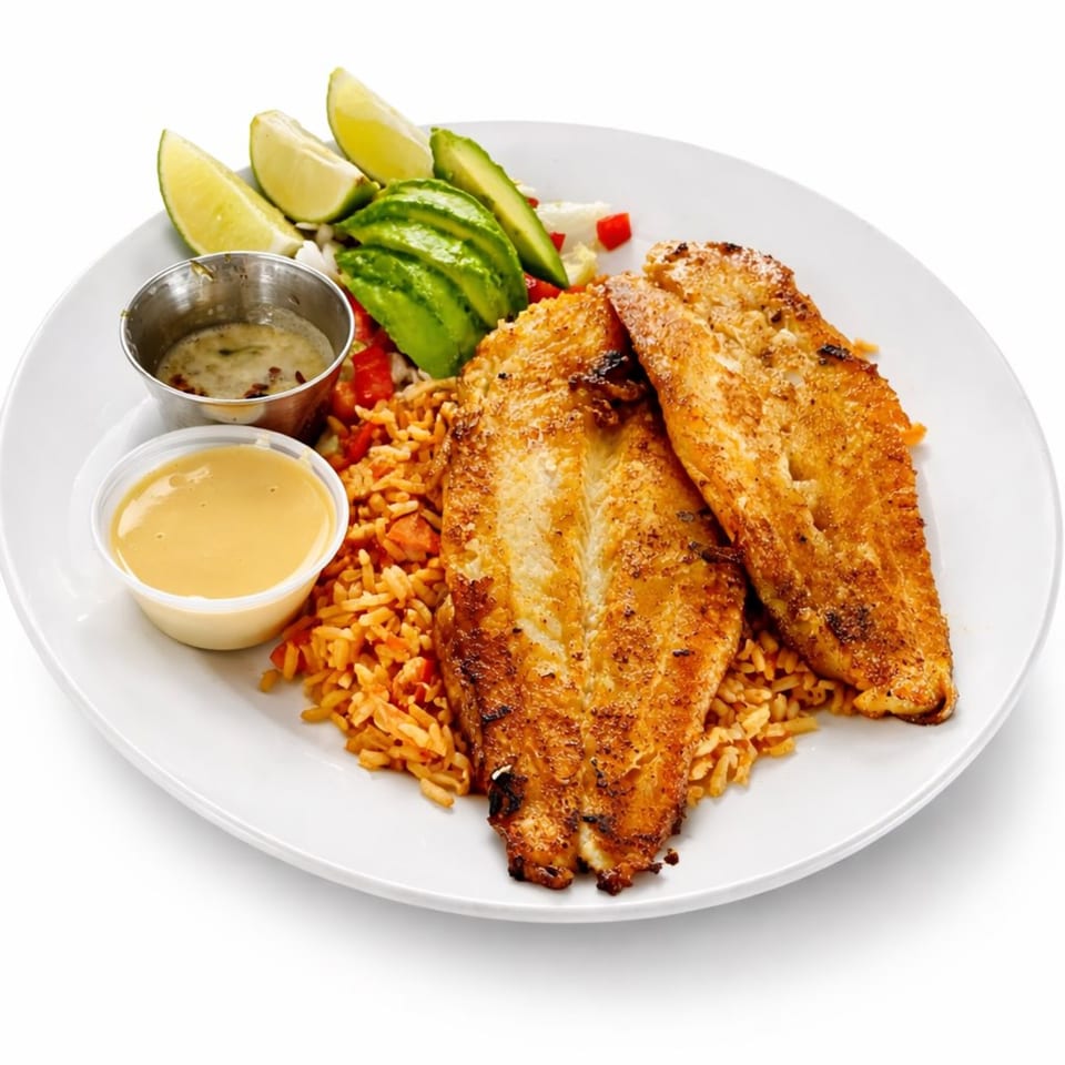 Los Agaves Mexican Restaurant's grilled fish fillets with rice, avocado, limes, and two dipping sauces.