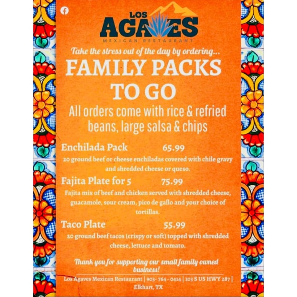 Los Agaves Mexican Restaurant's orange menu for family packs to-go, with decorative floral borders.