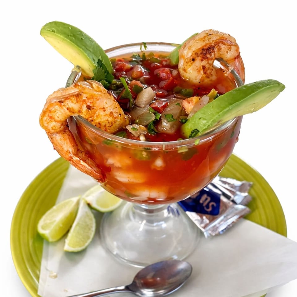 Mexican shrimp cocktail with avocado, lime, and cilantro in a glass on a green plate.