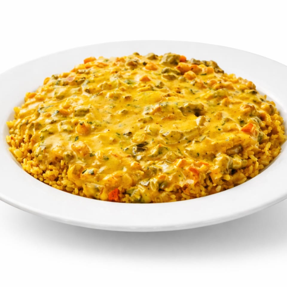 Mexican rice topped with a creamy yellow sauce and diced vegetables in a white bowl.