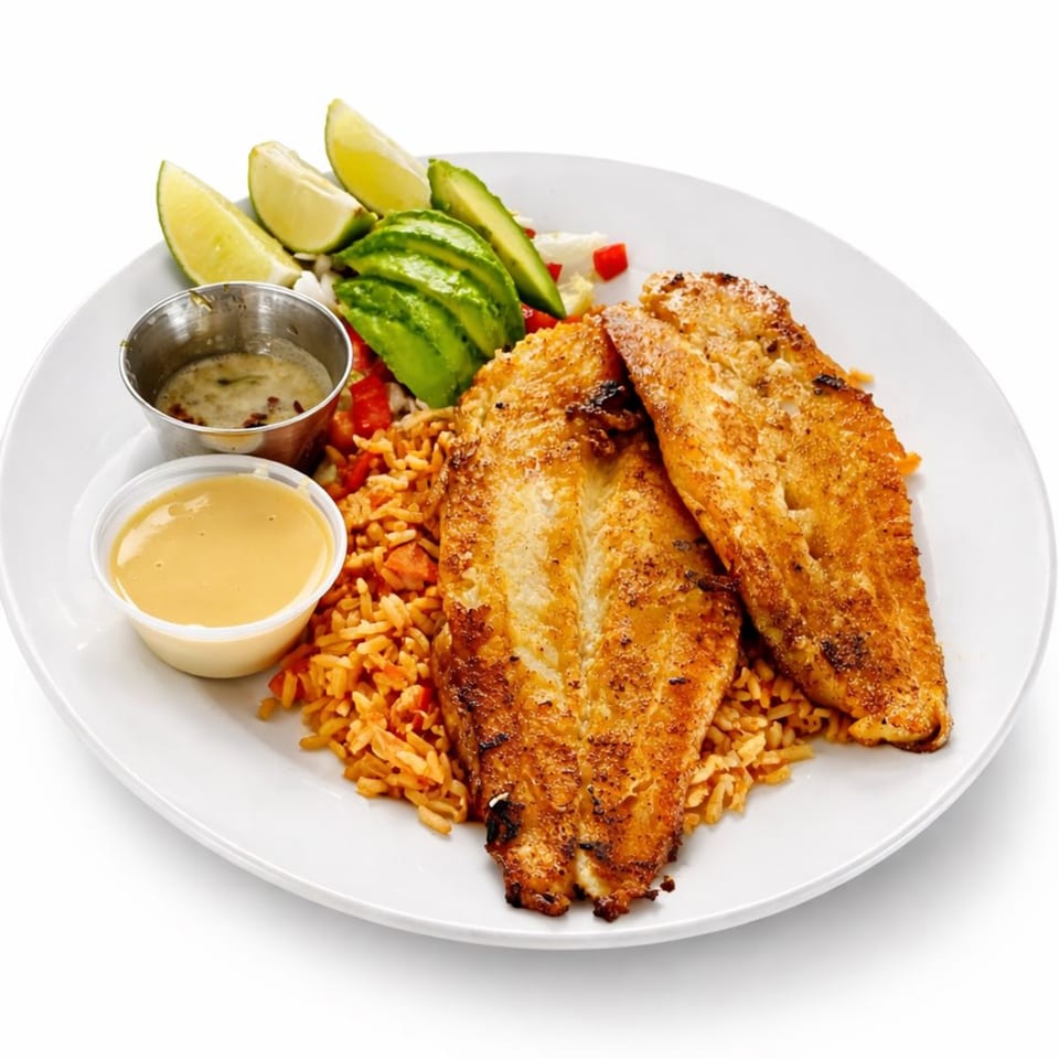 Two grilled fish fillets with Mexican rice, avocado slices, lime wedges, and two sauces on a white plate.
