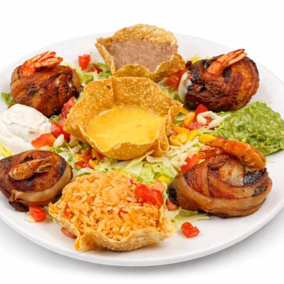 A platter of bacon-wrapped shrimp, refried beans, rice, guacamole, sour cream, and queso in tortilla bowls.